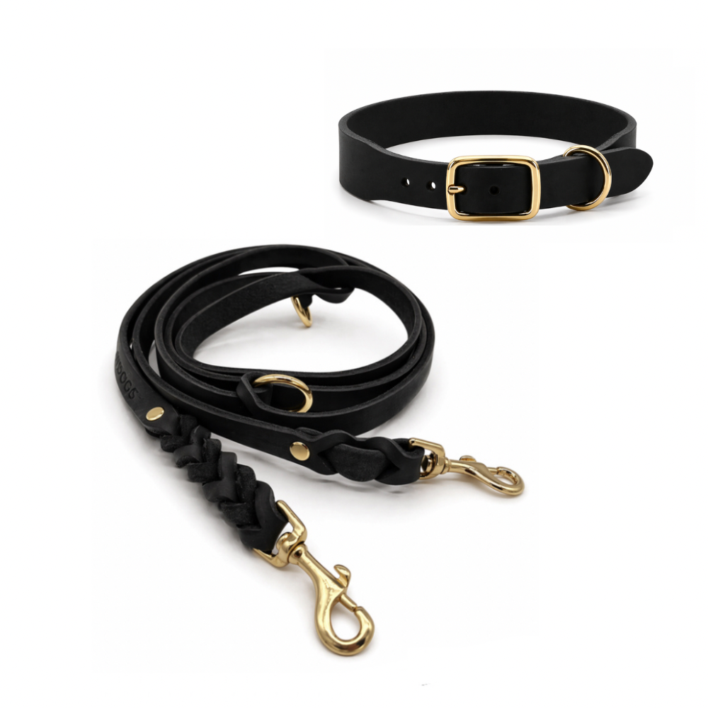 Set | Breites Halsband & Leine aus Fettleder | schwarz