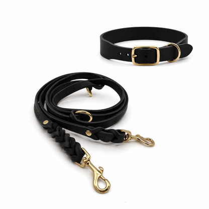 Set | Breites Halsband & Leine aus Fettleder | schwarz